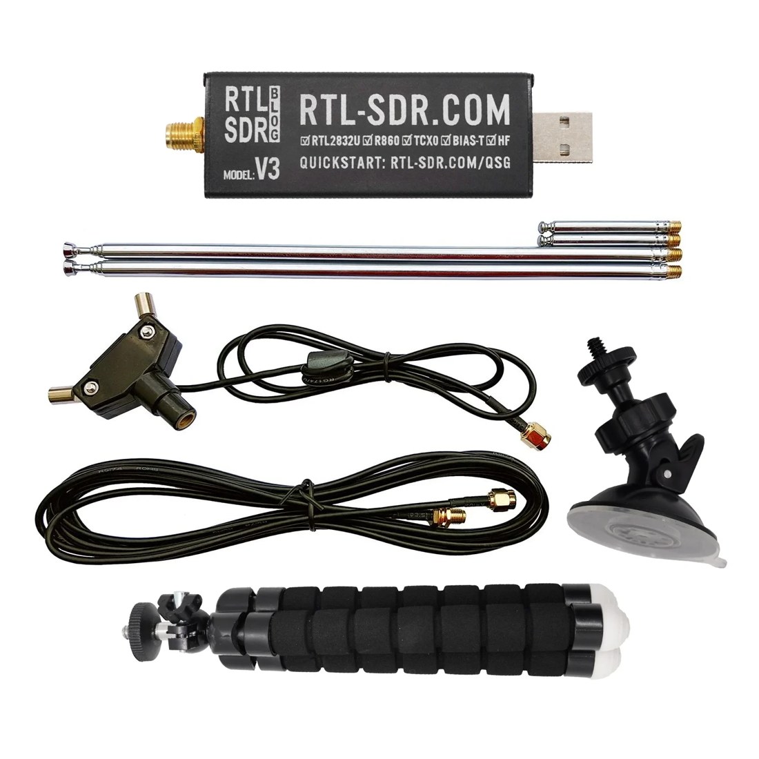 Figure 3 — A representative SDR ground station — a Raspberry Pi with an RTL-SDR dongle and antenna (illustrative; the CubeSatSim ground station is the same recipe).